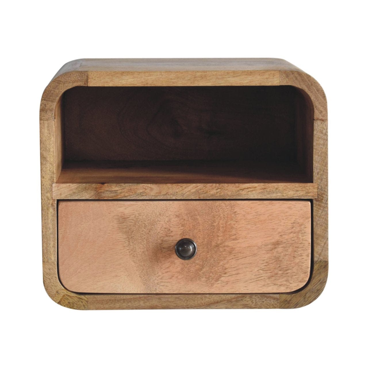 Extra Mini Wall Mounted Curved Oak-ish Nightstand - Solid Mango Wood Bedside Table for Bedroom - product view 2 showing...