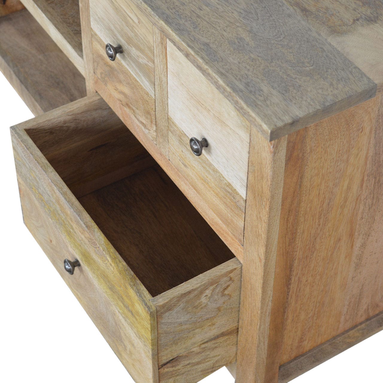 Farmhouse 3 Drawer Country TV Stand - Solid Mango Wood Entertainment Center for Living Room - product view 7 showing...