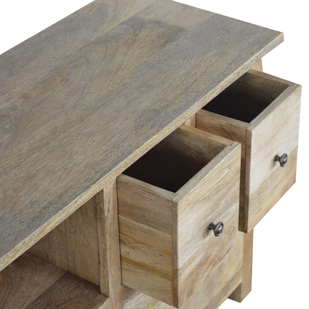 Farmhouse 3 Drawer Country TV Stand - Solid Mango Wood Entertainment Center for Living Room - product view 6 showing...