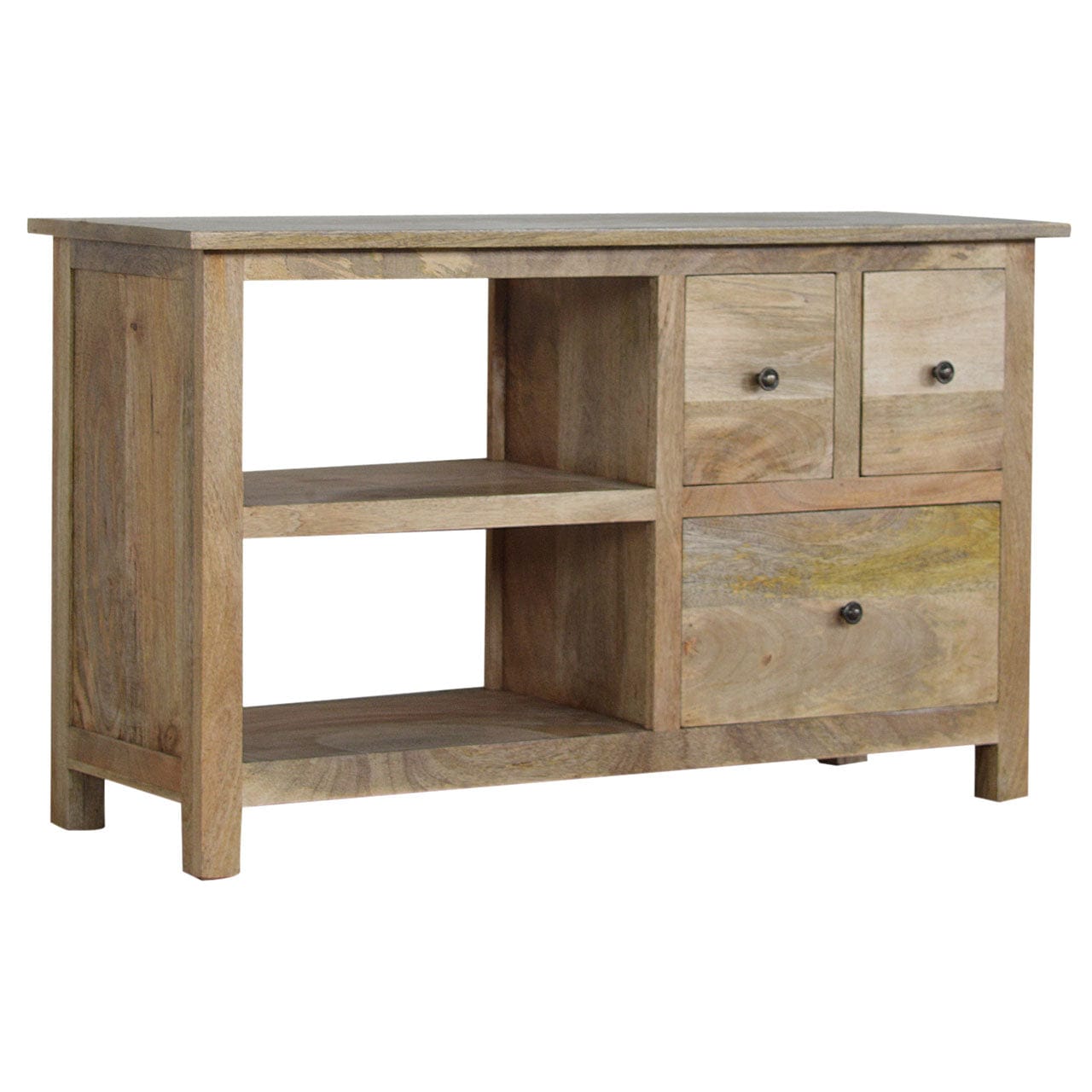 Farmhouse 3 Drawer Country TV Stand - Solid Mango Wood Entertainment Center for Living Room - product view 2 showing...