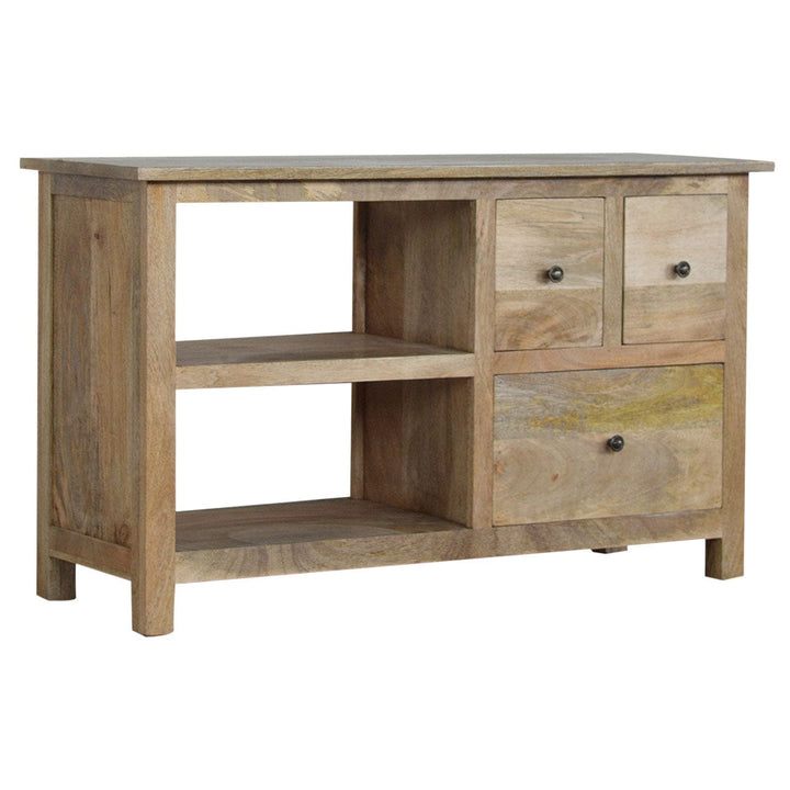 Farmhouse 3 Drawer Country TV Stand - Solid Mango Wood Entertainment Center for Living Room - product view 2 showing...