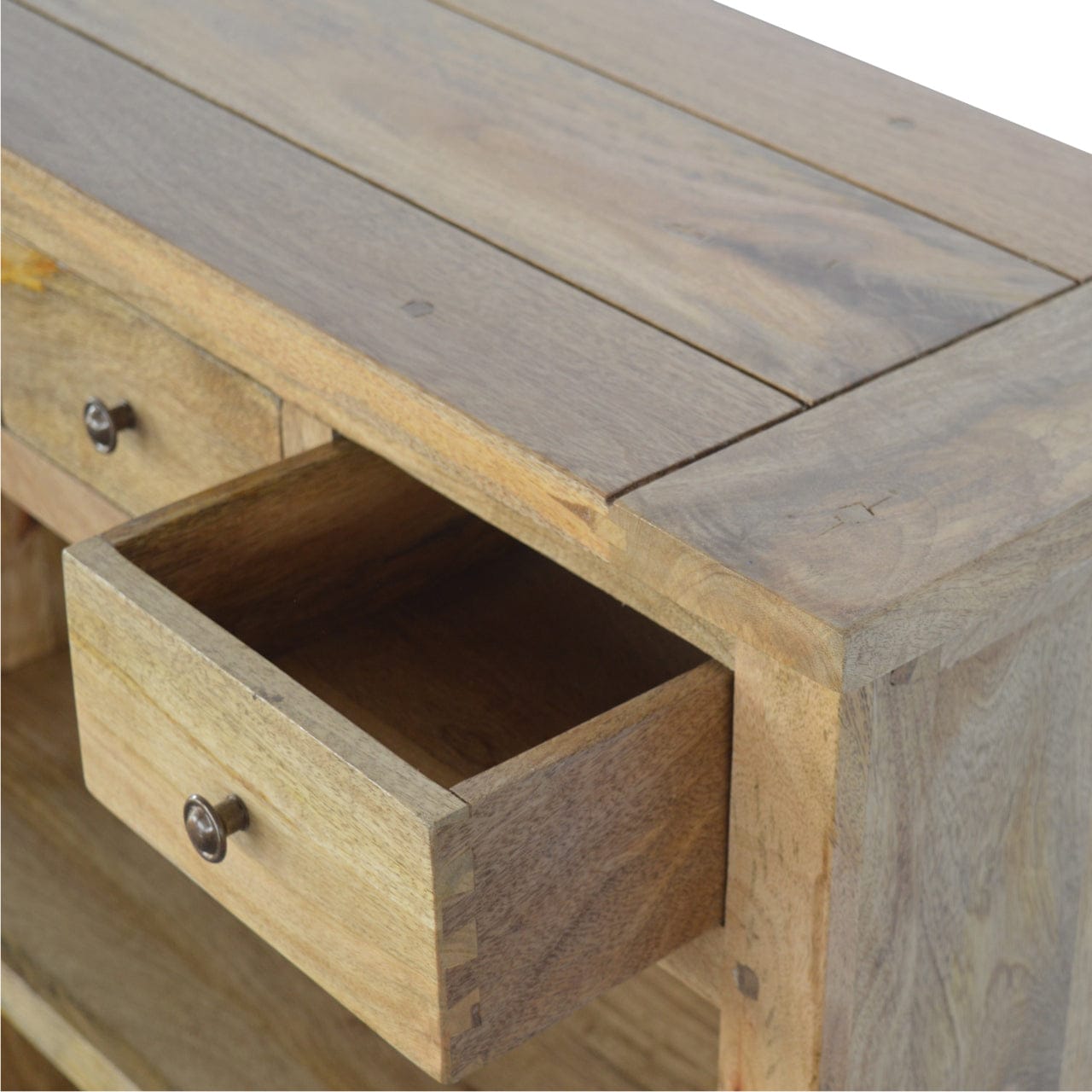 Farmhouse Country Style Low Bookcase in Solid Mango Wood - product view 8 showing handcrafted solid mango wood bookcase