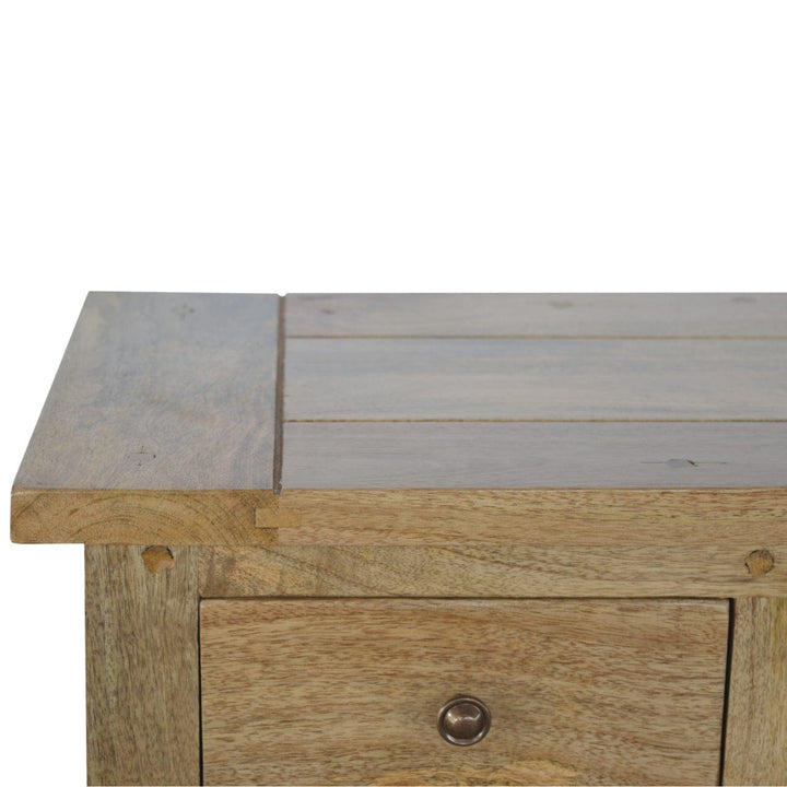 Farmhouse Country Style Low Bookcase in Solid Mango Wood - product view 4 showing handcrafted solid mango wood bookcase