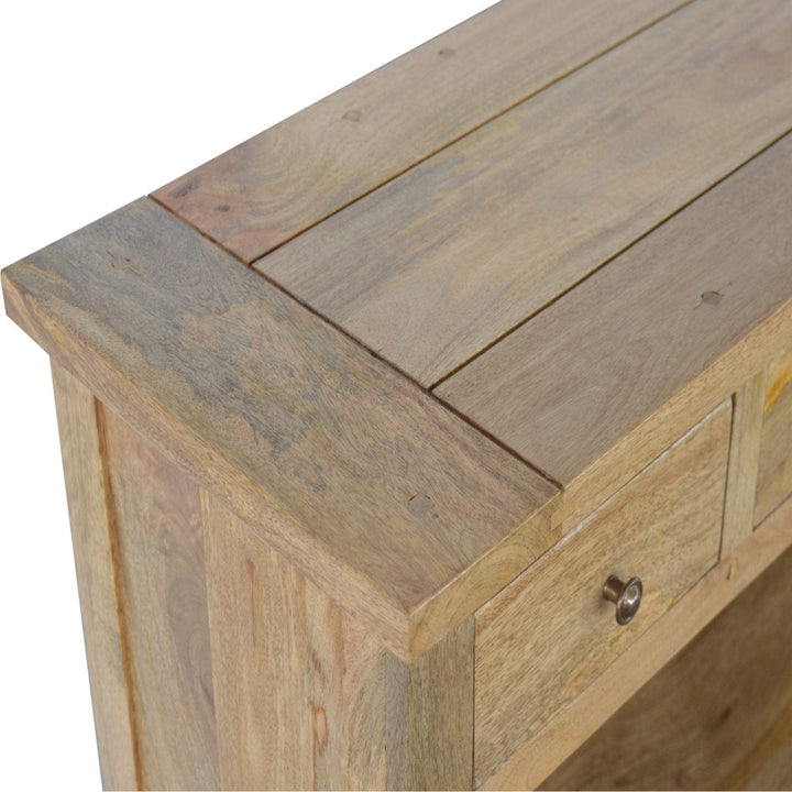 Farmhouse Country Style Low Bookcase in Solid Mango Wood - product view 3 showing handcrafted solid mango wood bookcase