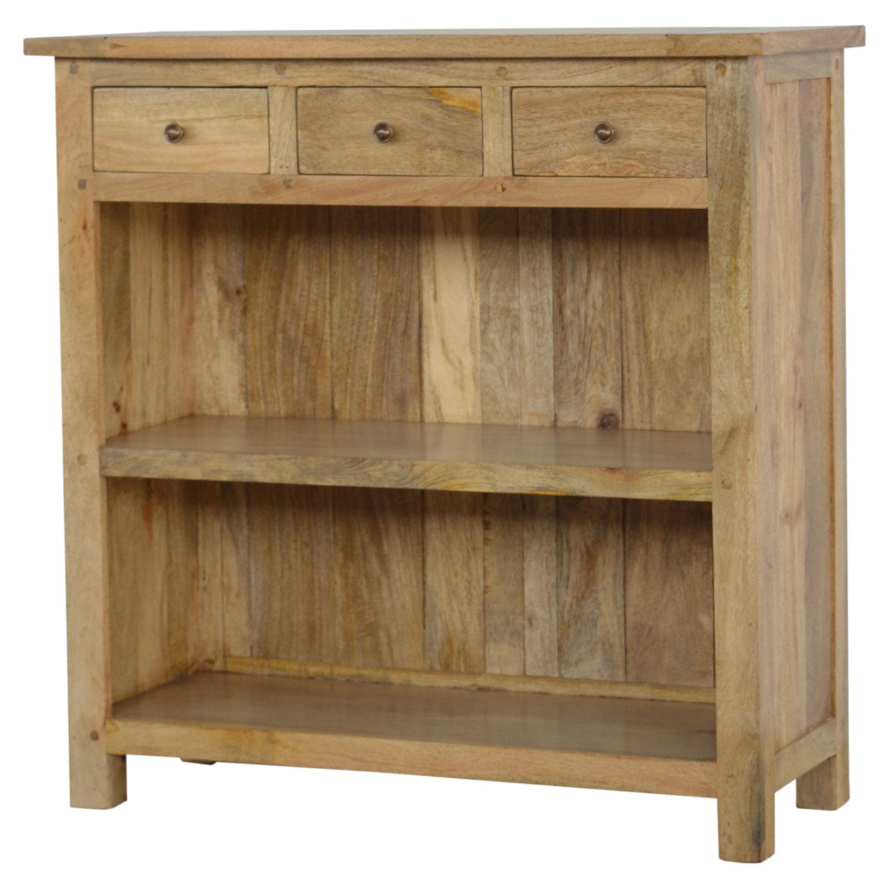 Farmhouse Country Style Low Bookcase in Solid Mango Wood - product view 2 showing handcrafted solid mango wood bookcase