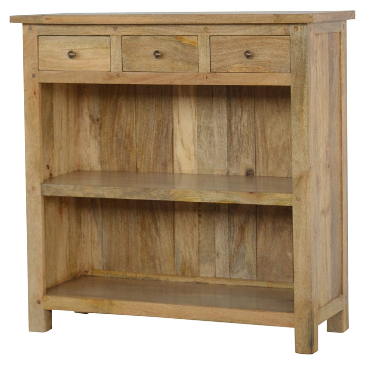 Farmhouse Country Style Low Bookcase in Solid Mango Wood - product view 2 showing handcrafted solid mango wood bookcase