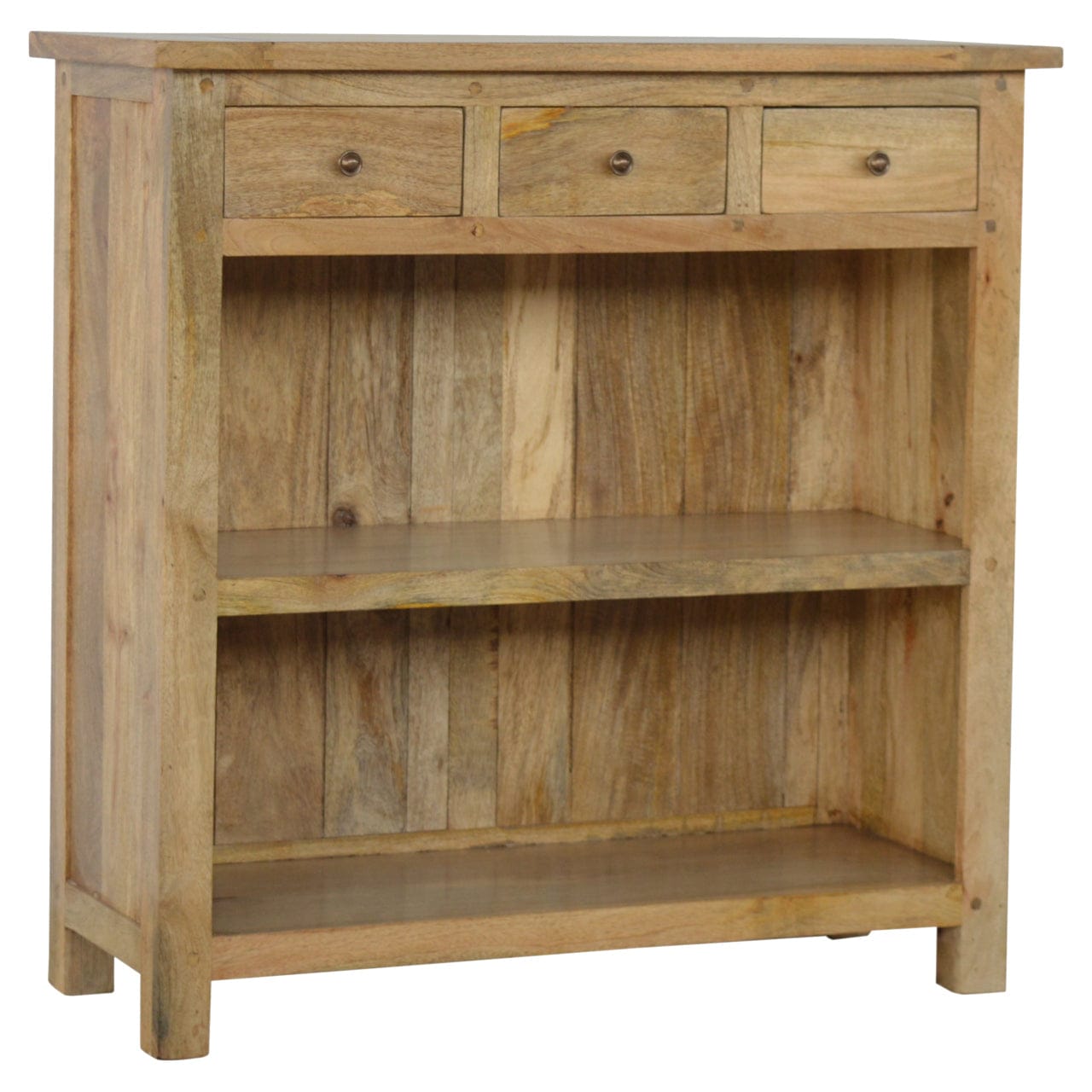 Farmhouse Country Style Low Bookcase in Solid Mango Wood - main view showing handcrafted solid mango wood bookcase