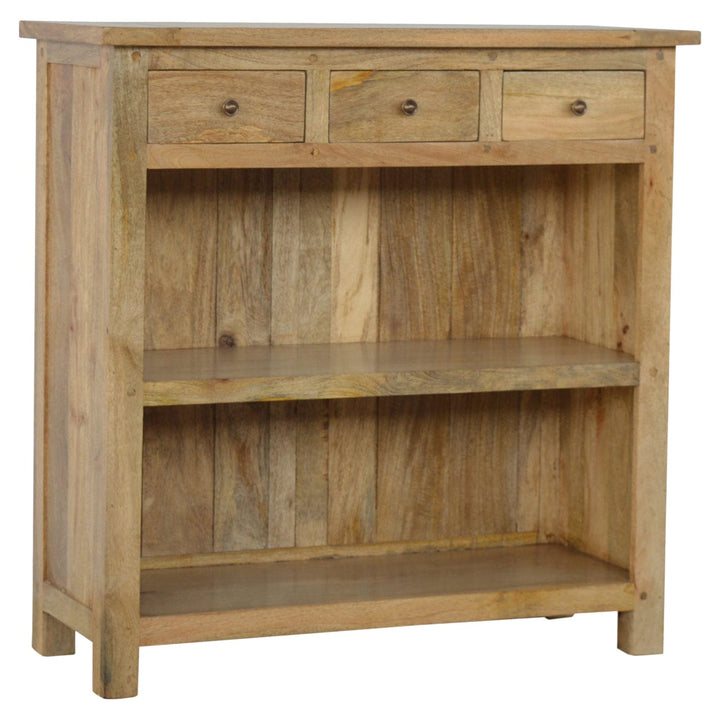 Farmhouse Country Style Low Bookcase in Solid Mango Wood - main view showing handcrafted solid mango wood bookcase