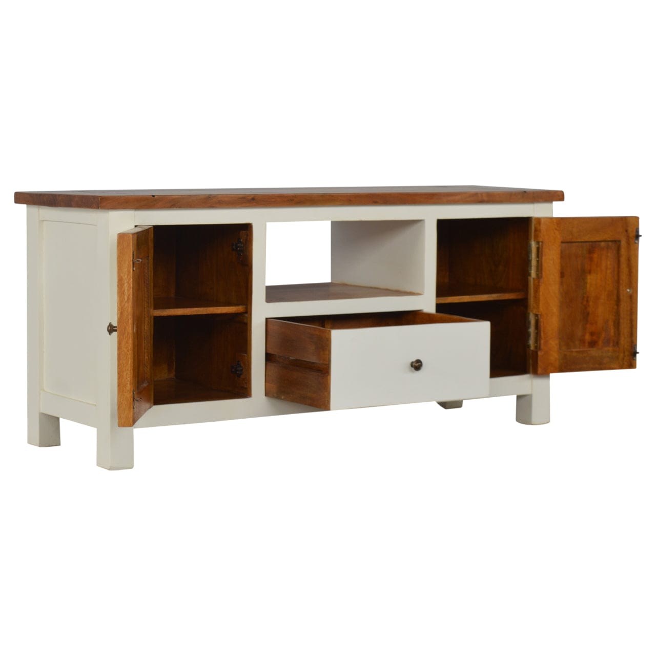 Farmhouse Country Two Tone TV Stand - Solid Mango Wood Entertainment Center for Living Room - product view 3 showing...