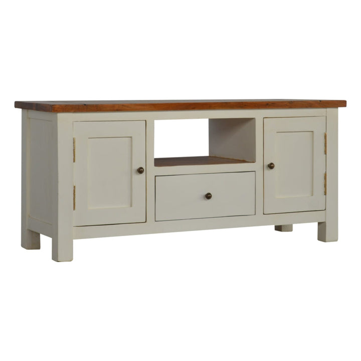 Farmhouse Country Two Tone TV Stand - Solid Mango Wood Entertainment Center for Living Room - product view 2 showing...