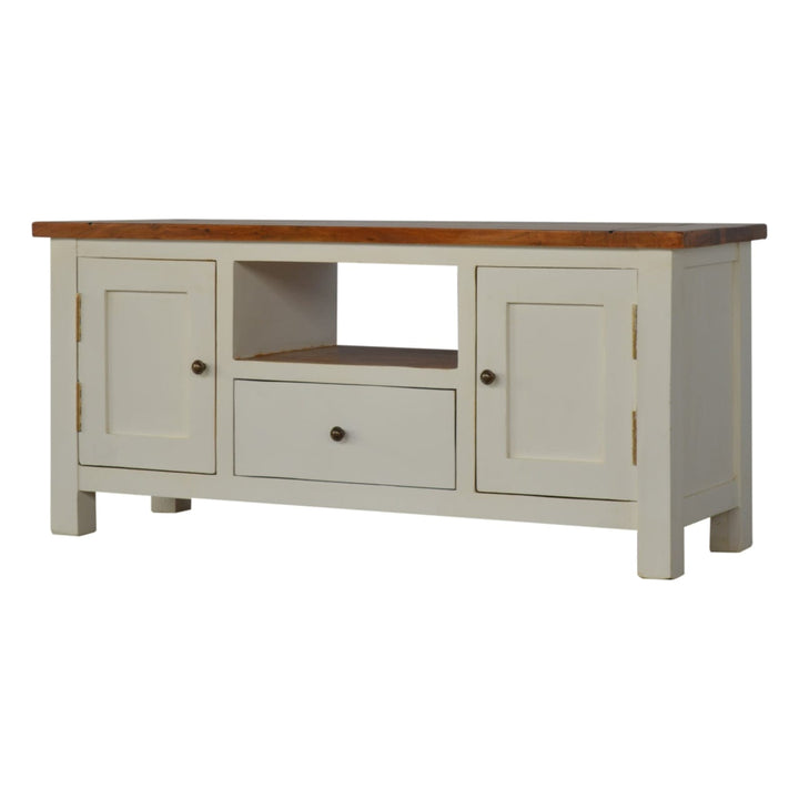 Farmhouse Country Two Tone TV Stand - Solid Mango Wood Entertainment Center for Living Room - main view showing...