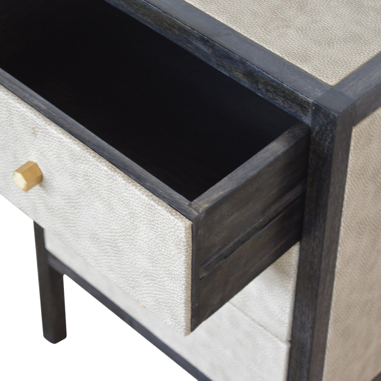 Faux Leather Nightstand - Solid Mango Wood Bedside Table for Bedroom - product view 6 showing handcrafted solid mango...