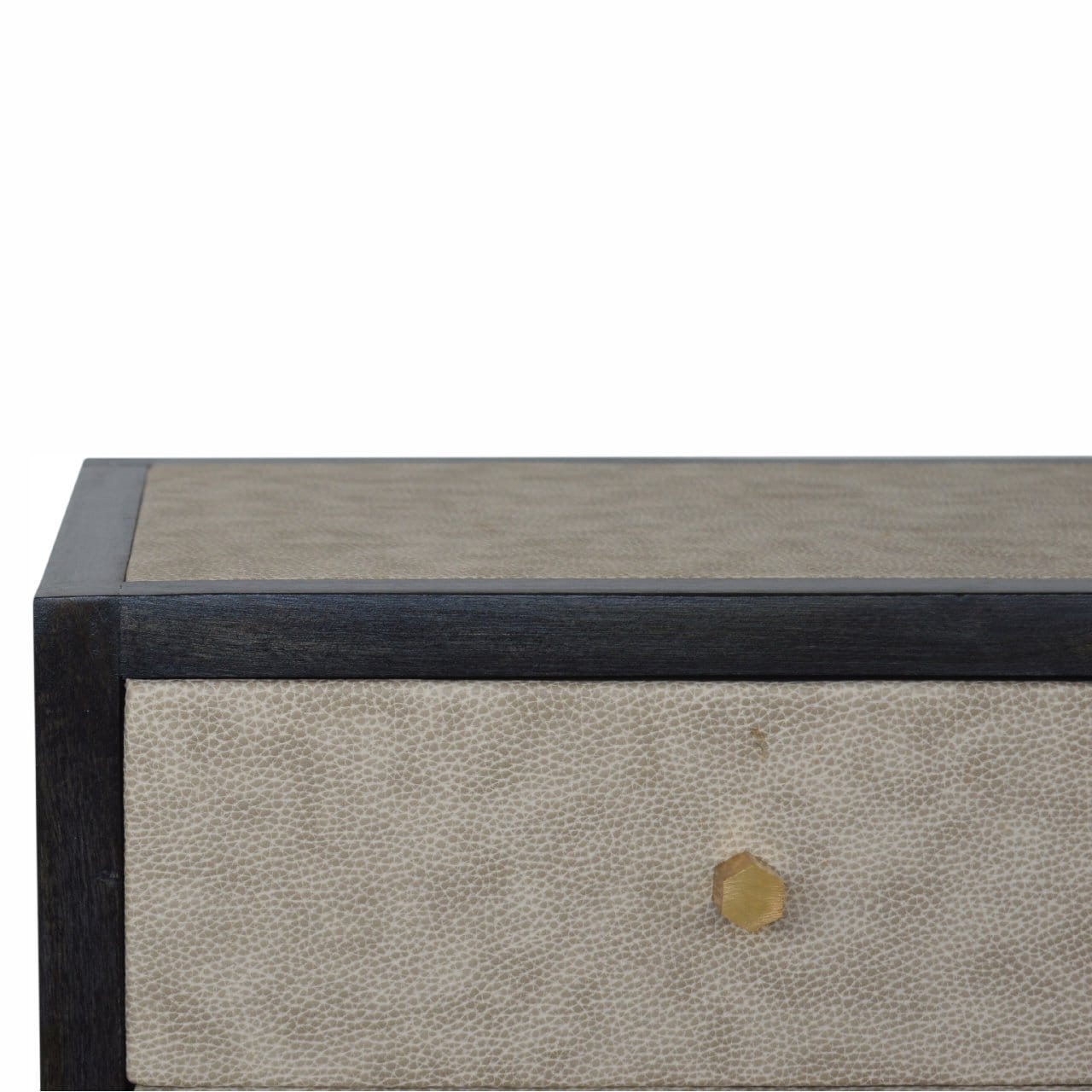 Faux Leather Nightstand - Solid Mango Wood Bedside Table for Bedroom - product view 5 showing handcrafted solid mango...