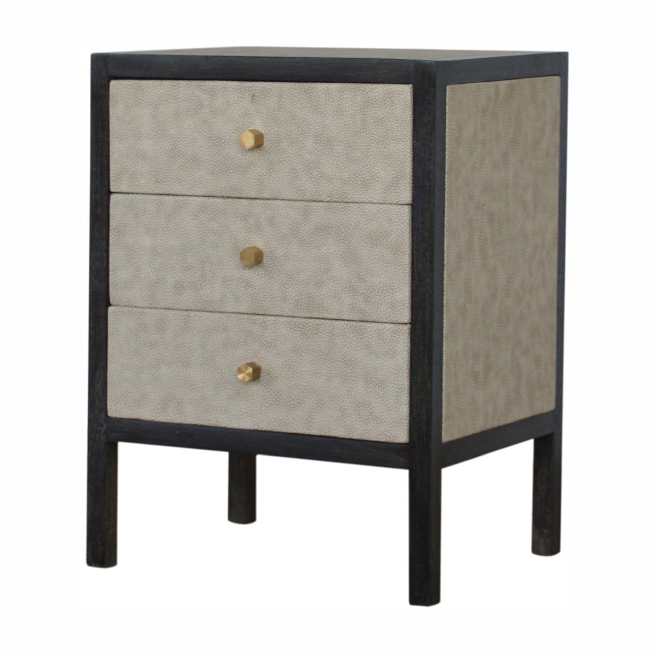 Faux Leather Nightstand - Solid Mango Wood Bedside Table for Bedroom - product view 3 showing handcrafted solid mango...
