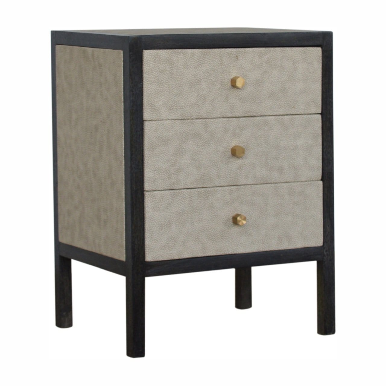 Faux Leather Nightstand - Solid Mango Wood Bedside Table for Bedroom - product view 2 showing handcrafted solid mango...