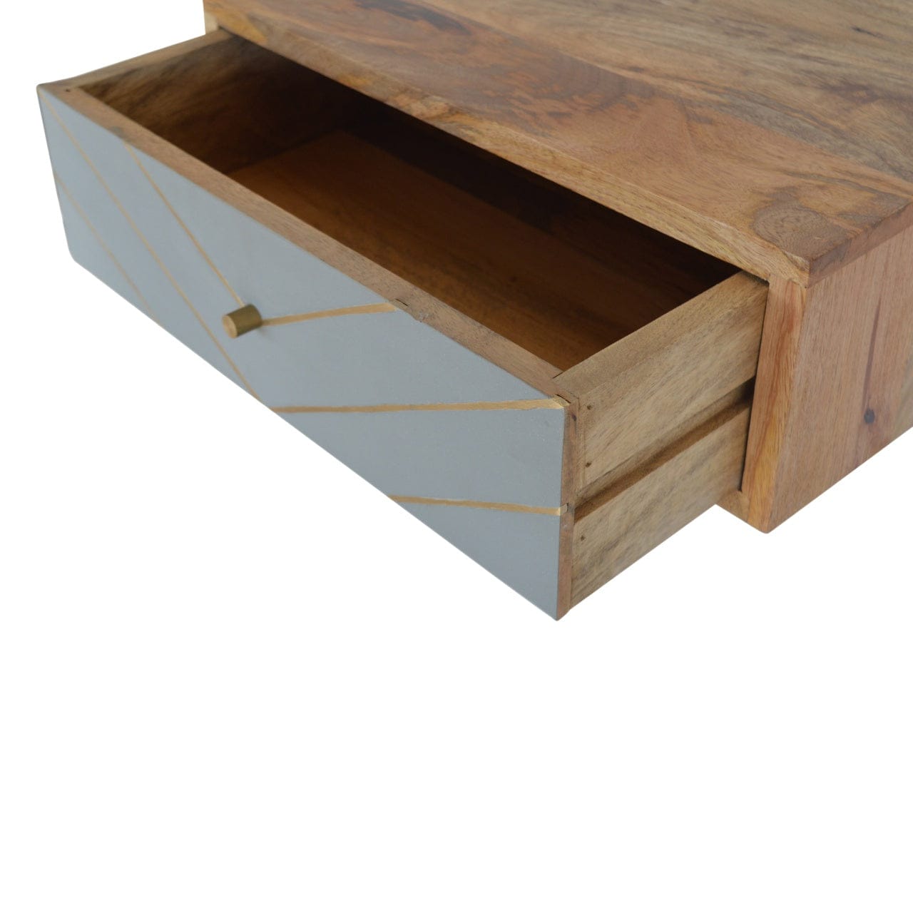 Floating Cement Brass Inlay Nightstand - Solid Mango Wood Bedside Table for Bedroom - product view 5 showing handcrafted...