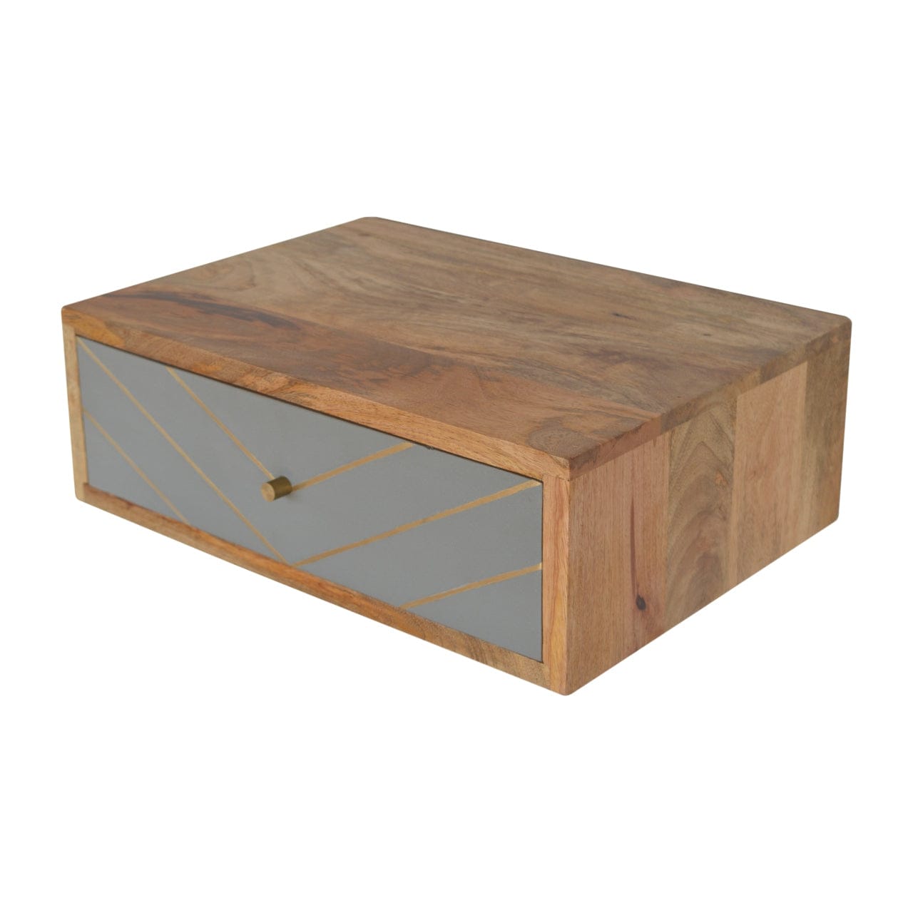 Floating Cement Brass Inlay Nightstand - Solid Mango Wood Bedside Table for Bedroom - product view 4 showing handcrafted...