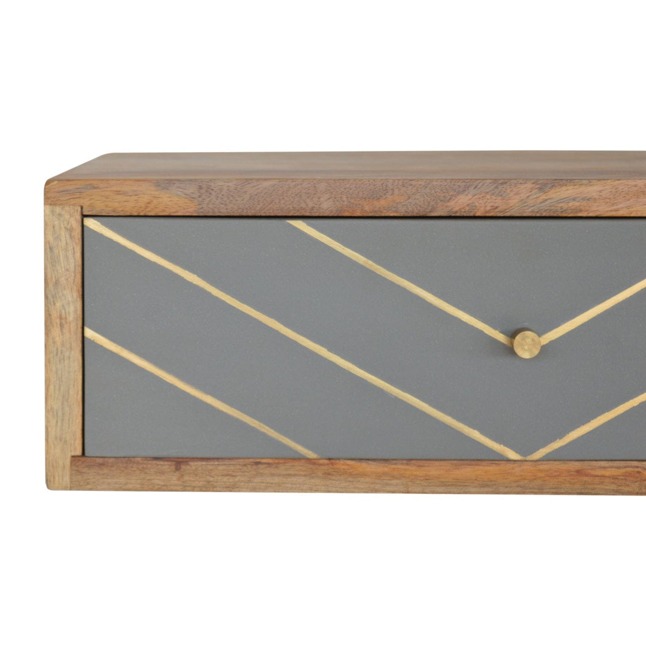 Floating Cement Brass Inlay Nightstand - Solid Mango Wood Bedside Table for Bedroom - product view 3 showing handcrafted...