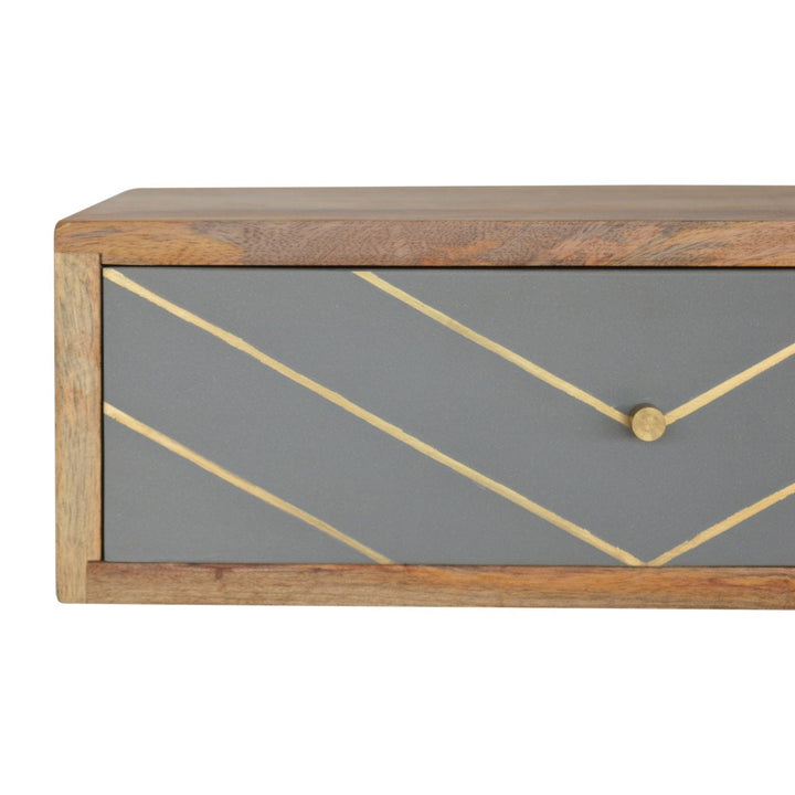 Floating Cement Brass Inlay Nightstand - Solid Mango Wood Bedside Table for Bedroom - product view 3 showing handcrafted...