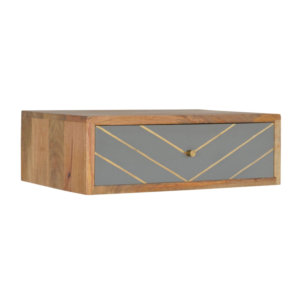 Floating Cement Brass Inlay Nightstand - Solid Mango Wood Bedside Table for Bedroom - product view 2 showing handcrafted...