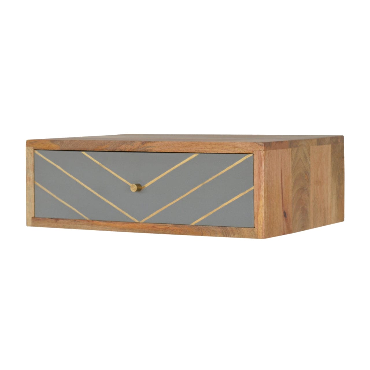 Floating Cement Brass Inlay Nightstand - Solid Mango Wood Bedside Table for Bedroom - main view showing handcrafted solid...