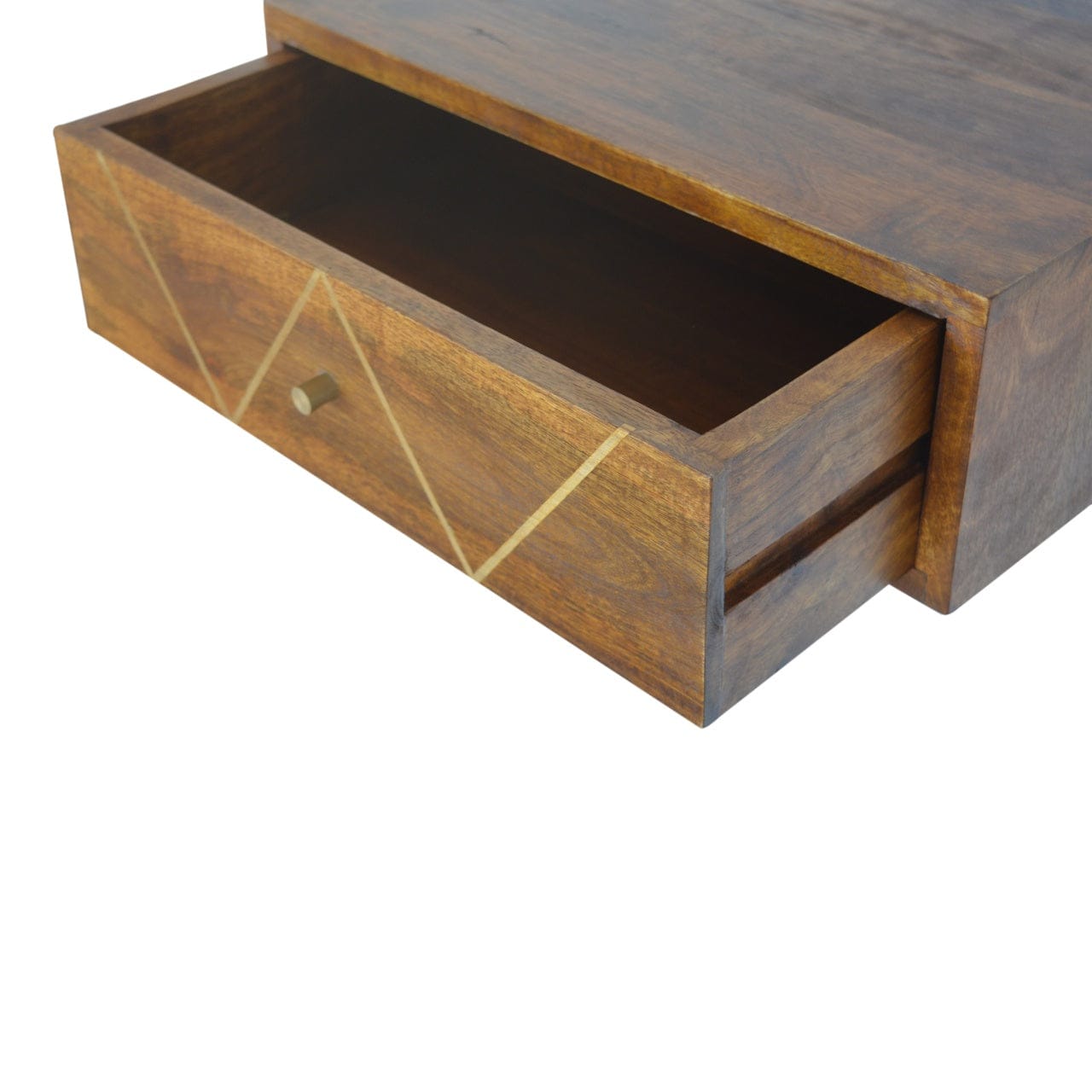 Floating Chestnut Brass Nightstand - Solid Mango Wood Bedside Table for Bedroom - product view 6 showing handcrafted...