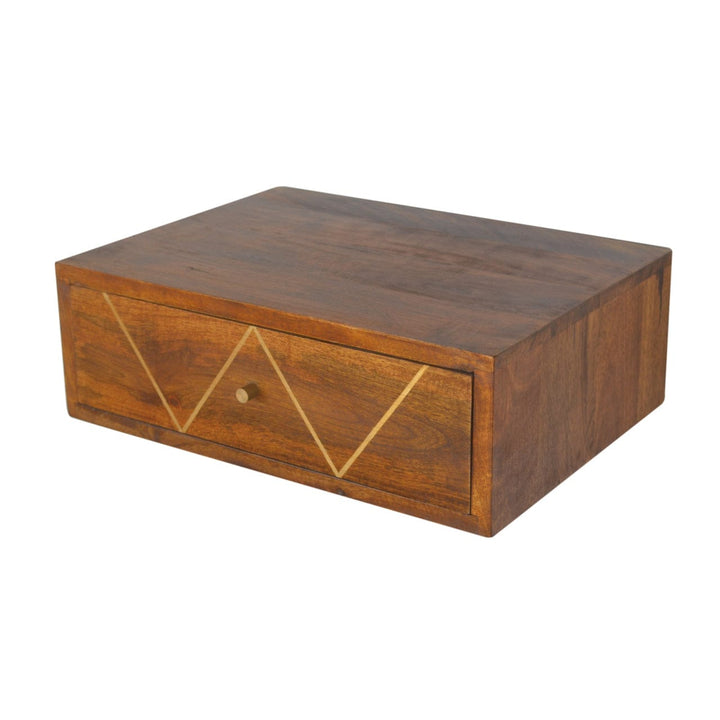 Floating Chestnut Brass Nightstand - Solid Mango Wood Bedside Table for Bedroom - product view 5 showing handcrafted...