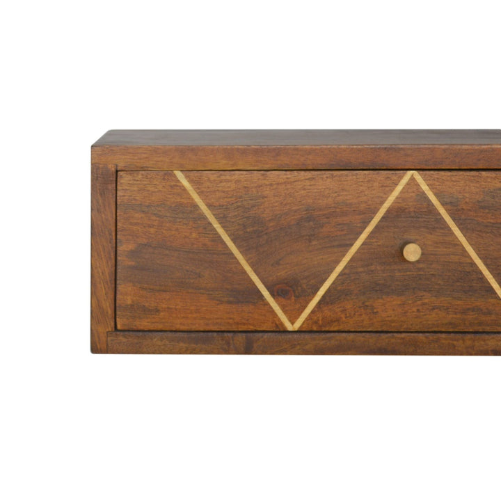 Floating Chestnut Brass Nightstand - Solid Mango Wood Bedside Table for Bedroom - product view 4 showing handcrafted...