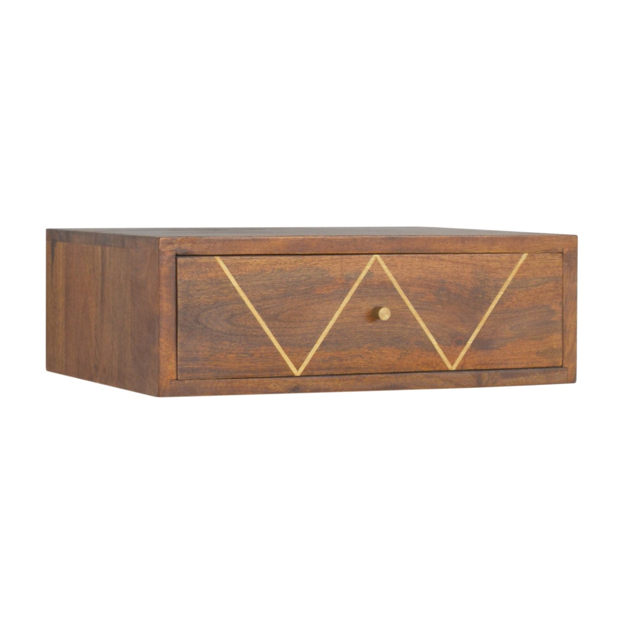 Floating Chestnut Brass Nightstand - Solid Mango Wood Bedside Table for Bedroom - product view 3 showing handcrafted...