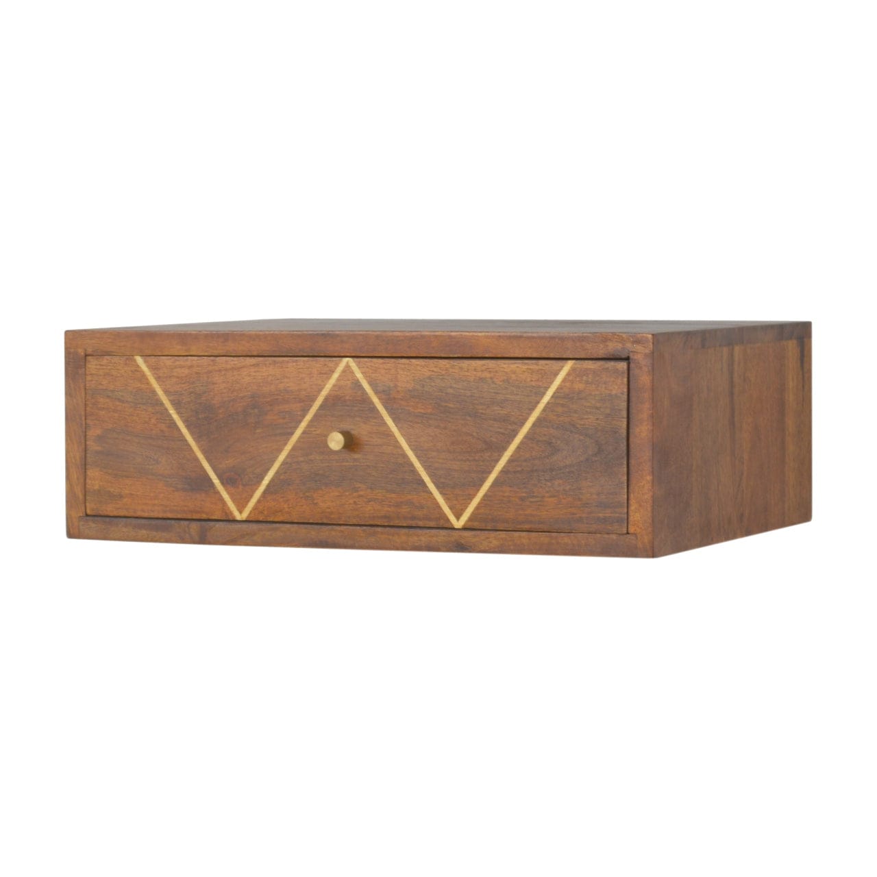 Floating Chestnut Brass Nightstand - Solid Mango Wood Bedside Table for Bedroom - product view 2 showing handcrafted...