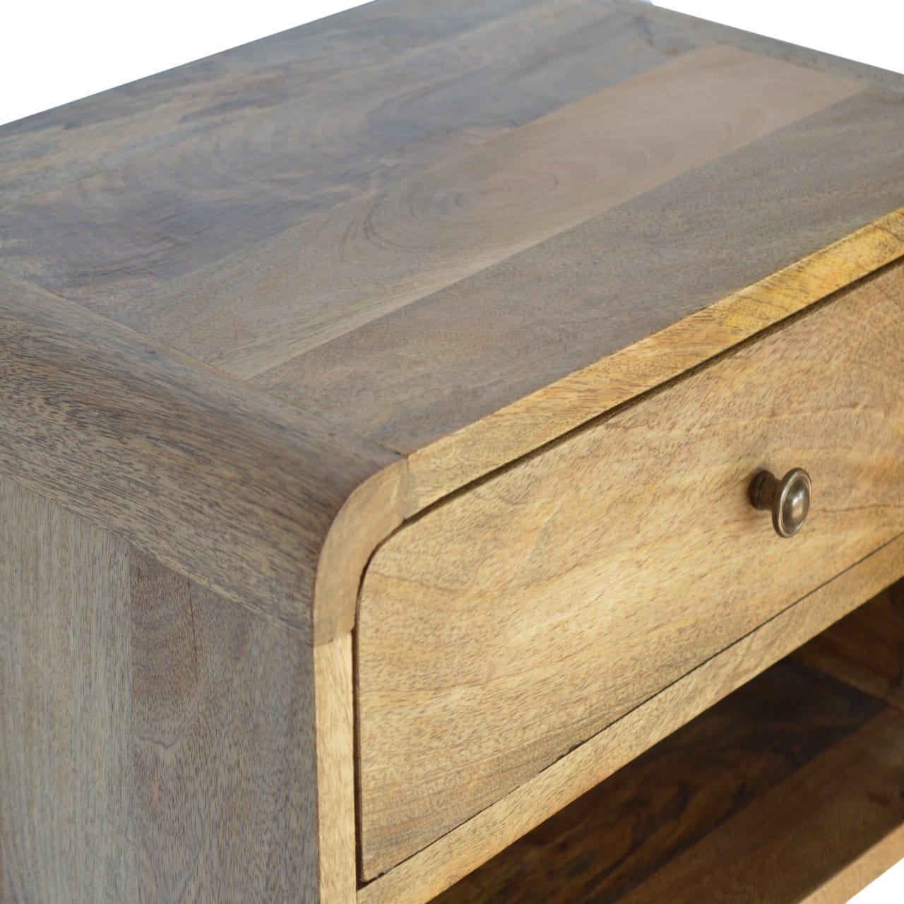 Floating Curve Open Slot Nightstand - Solid Mango Wood Bedside Table for Bedroom - product view 6 showing handcrafted...