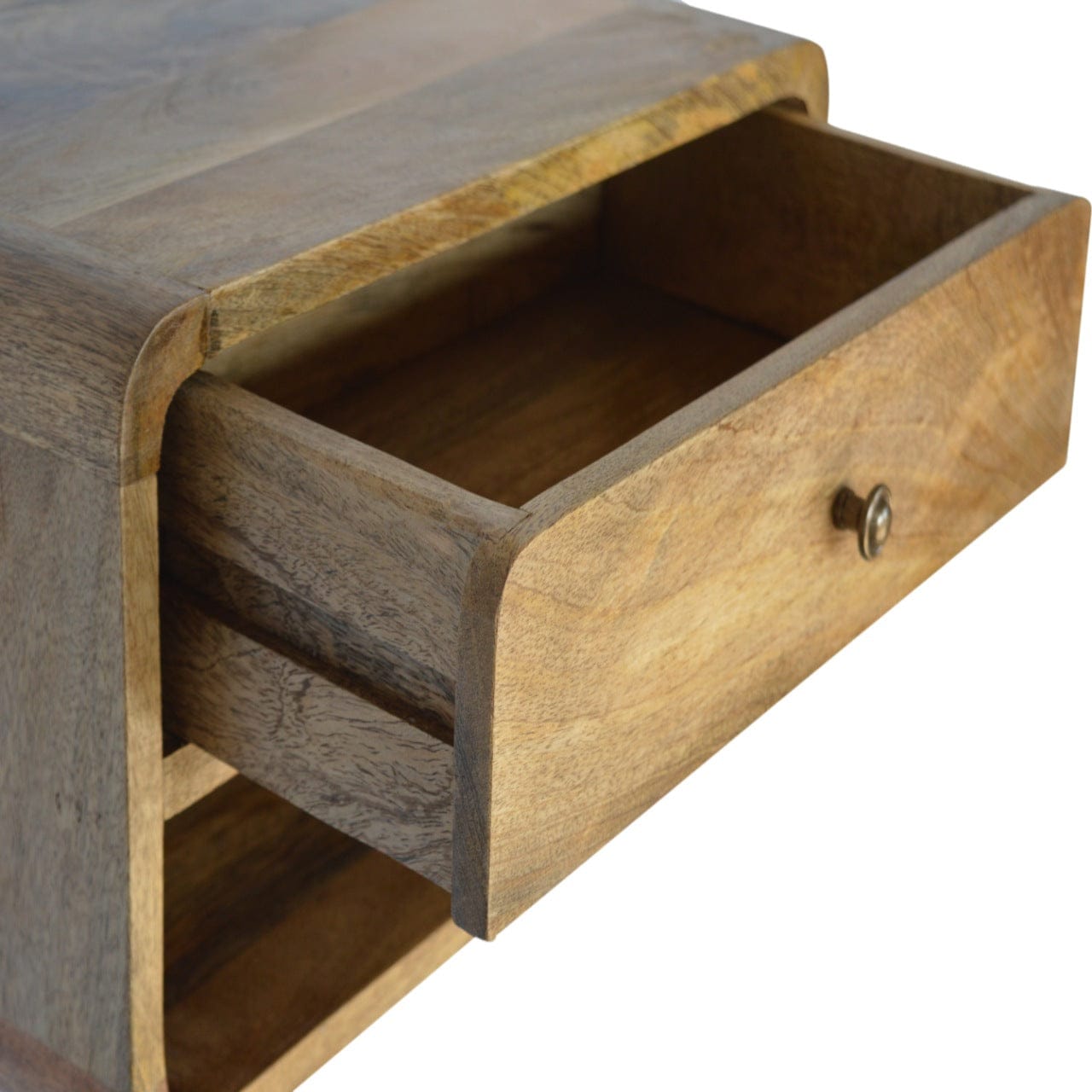 Floating Curve Open Slot Nightstand - Solid Mango Wood Bedside Table for Bedroom - product view 4 showing handcrafted...