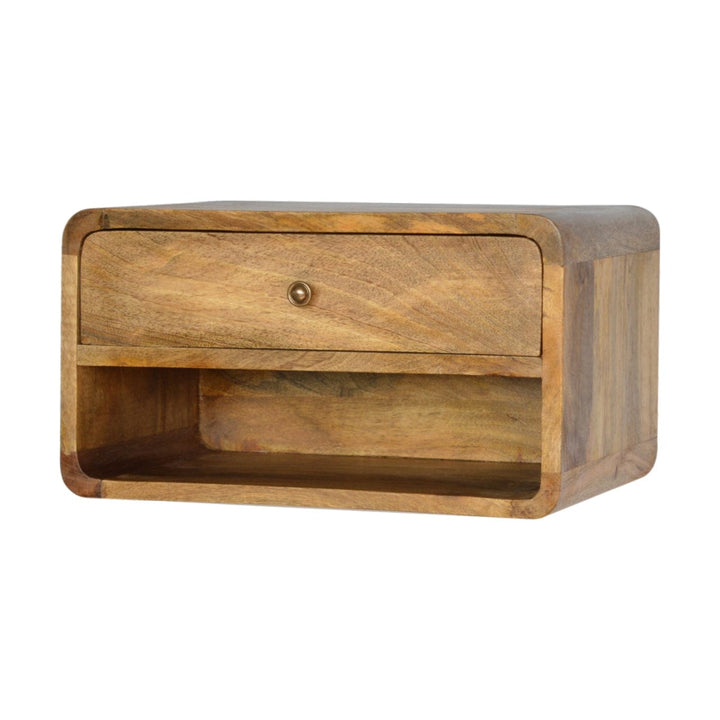 Floating Curve Open Slot Nightstand - Solid Mango Wood Bedside Table for Bedroom - product view 3 showing handcrafted...