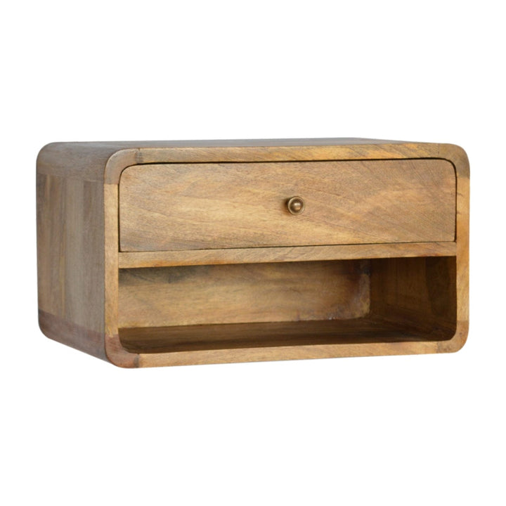 Floating Curve Open Slot Nightstand - Solid Mango Wood Bedside Table for Bedroom - product view 2 showing handcrafted...