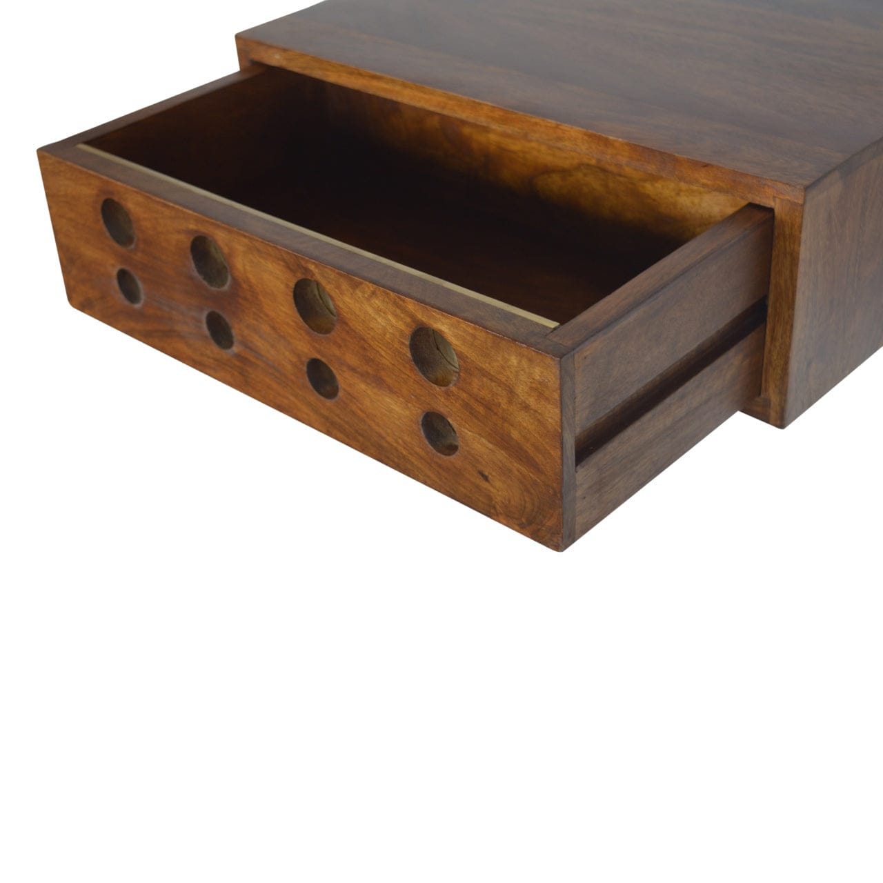 Floating Cut out Brass Nightstand - Solid Mango Wood Bedside Table for Bedroom - product view 5 showing handcrafted solid...