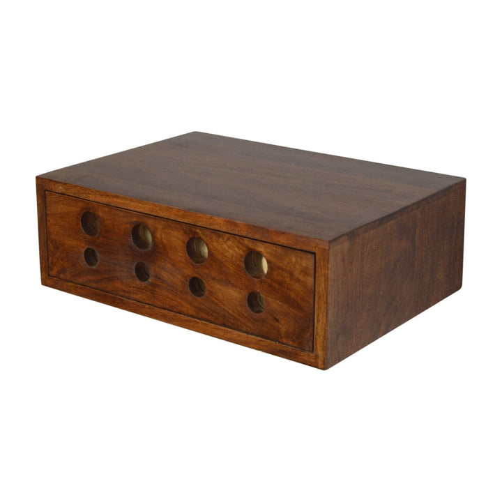 Floating Cut out Brass Nightstand - Solid Mango Wood Bedside Table for Bedroom - product view 4 showing handcrafted solid...