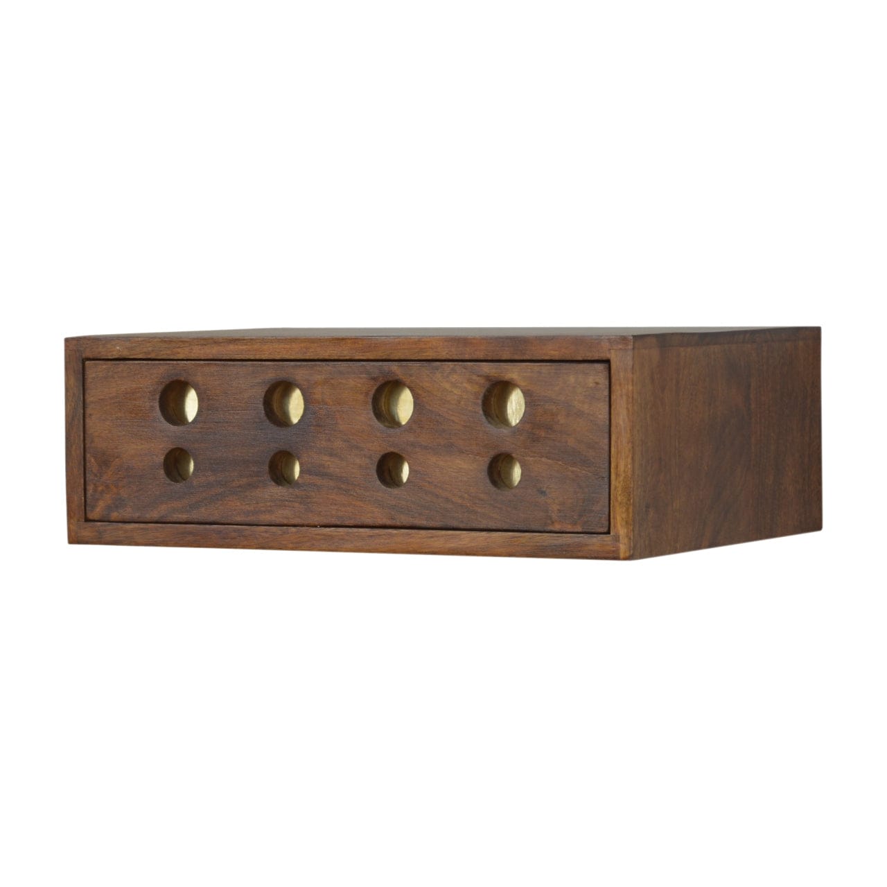 Floating Cut out Brass Nightstand - Solid Mango Wood Bedside Table for Bedroom - product view 2 showing handcrafted solid...