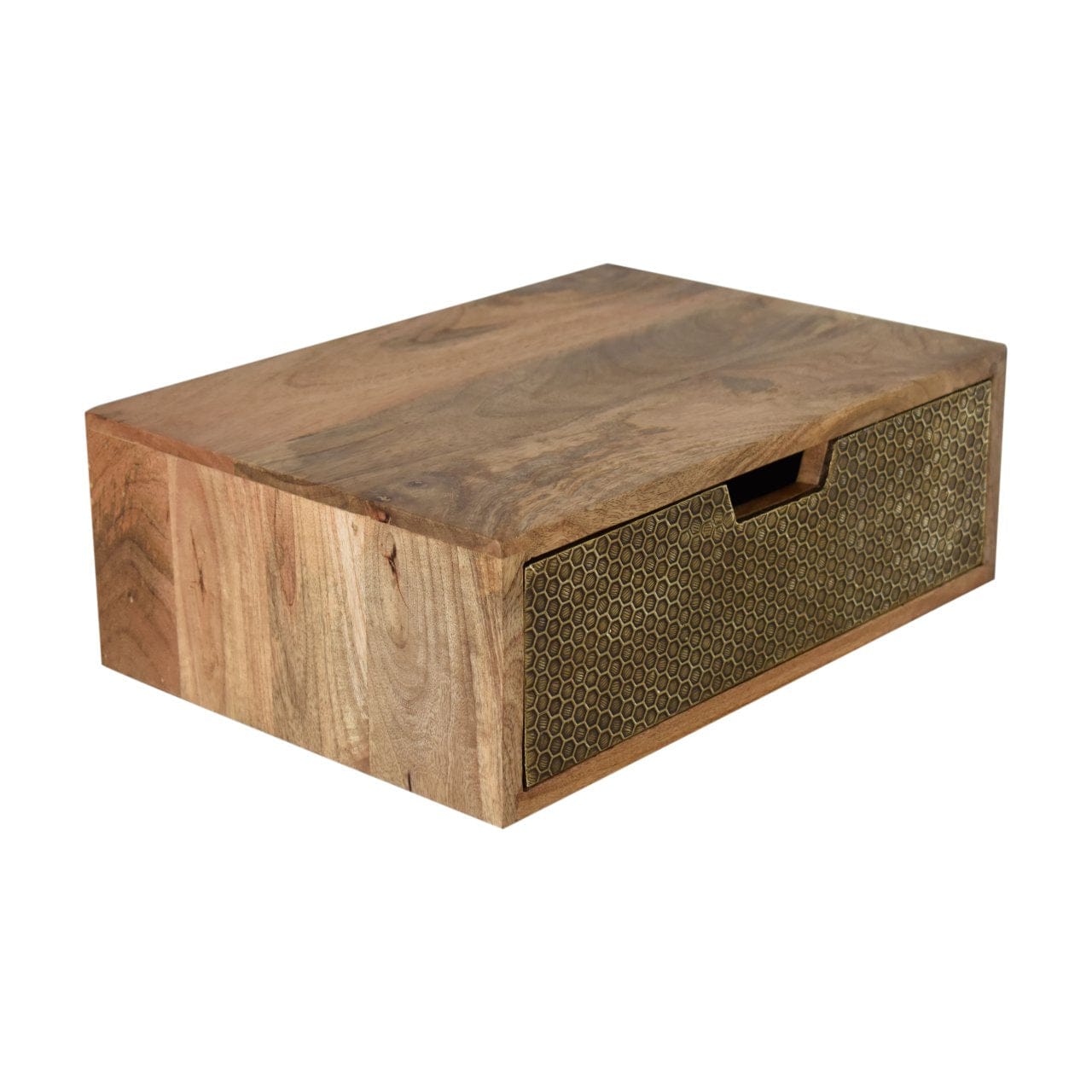 Floating Honeycomb Brass Nightstand - Solid Mango Wood Bedside Table for Bedroom - product view 6 showing handcrafted...