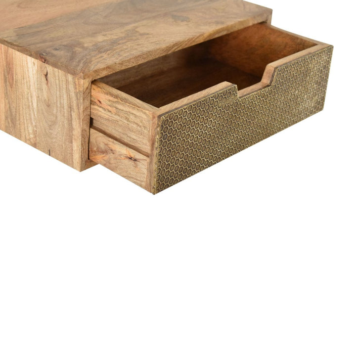 Floating Honeycomb Brass Nightstand - Solid Mango Wood Bedside Table for Bedroom - product view 5 showing handcrafted...