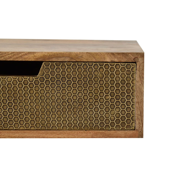 Floating Honeycomb Brass Nightstand - Solid Mango Wood Bedside Table for Bedroom - product view 4 showing handcrafted...