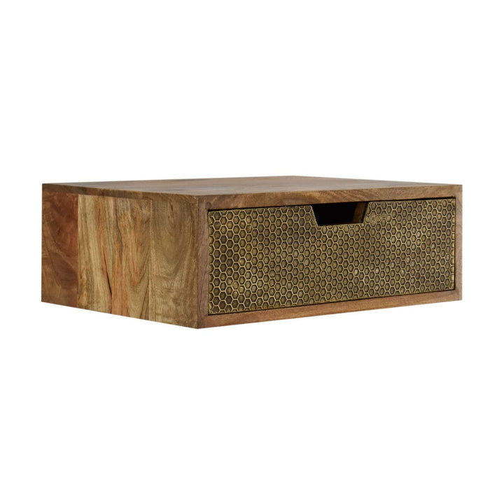 Floating Honeycomb Brass Nightstand - Solid Mango Wood Bedside Table for Bedroom - product view 3 showing handcrafted...