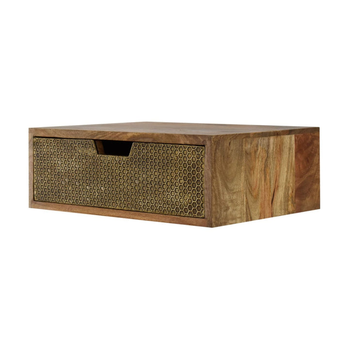 Floating Honeycomb Brass Nightstand - Solid Mango Wood Bedside Table for Bedroom - product view 2 showing handcrafted...