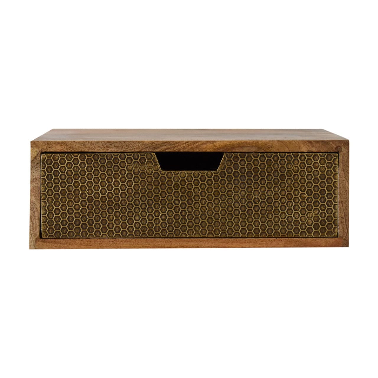Floating Honeycomb Brass Nightstand - Solid Mango Wood Bedside Table for Bedroom - main view showing handcrafted solid...