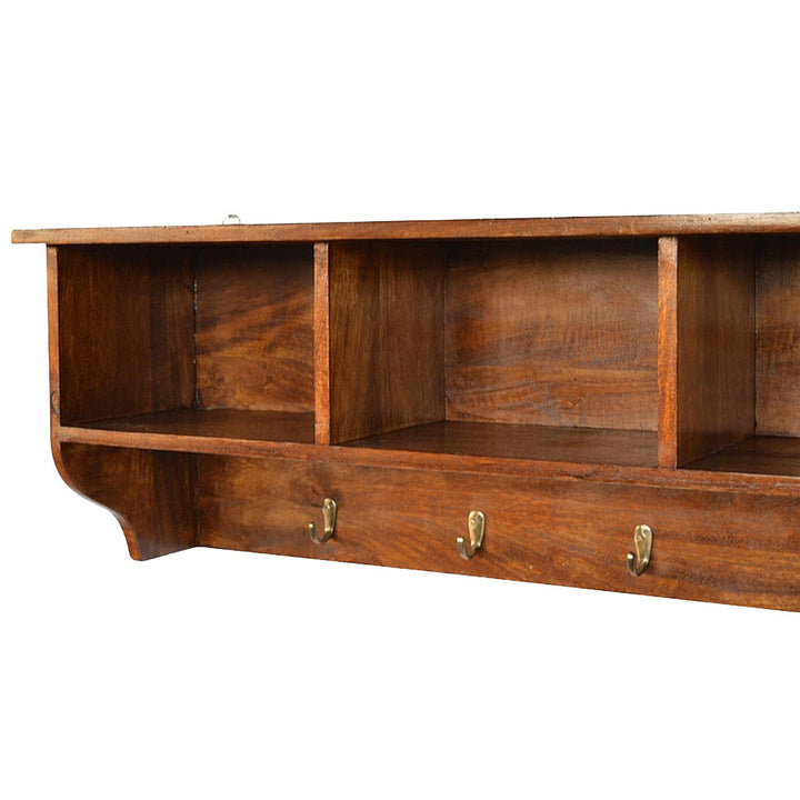 Floating Hook Storage Unit - Solid Mango Wood Shelving System for Living Room - product view 4 showing handcrafted solid...