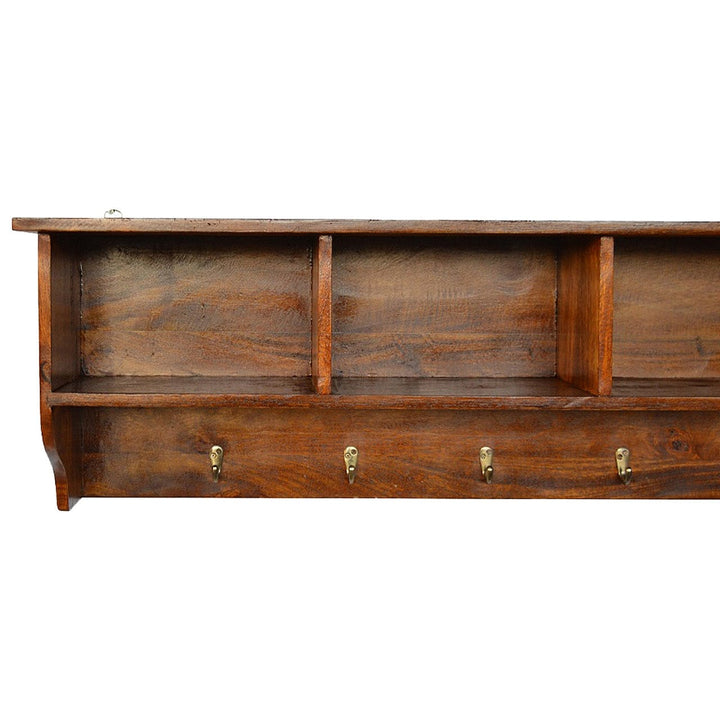 Floating Hook Storage Unit - Solid Mango Wood Shelving System for Living Room - product view 3 showing handcrafted solid...