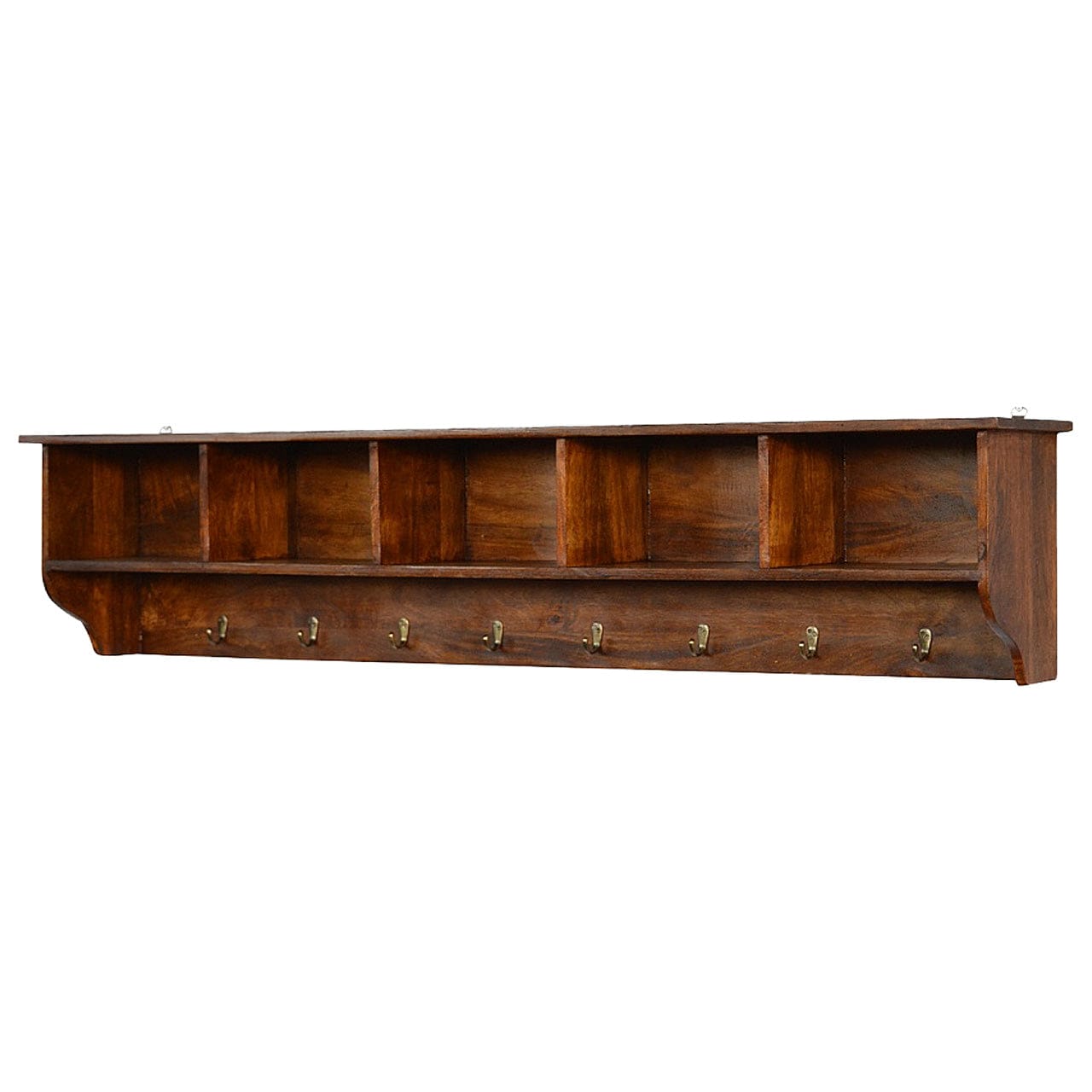 Floating Hook Storage Unit - Solid Mango Wood Shelving System for Living Room - product view 2 showing handcrafted solid...