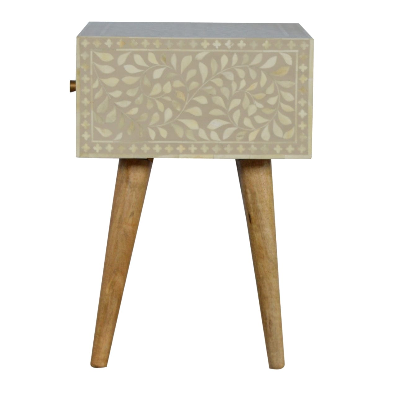 Floral Bone Inlay Nightstand - Solid Mango Wood Bedside Table for Bedroom - product view 7 showing handcrafted solid...
