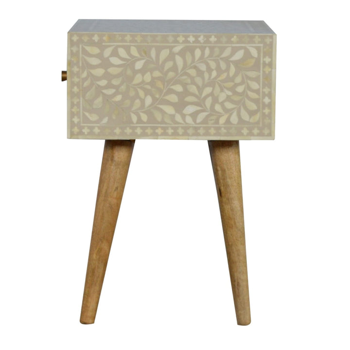 Floral Bone Inlay Nightstand - Solid Mango Wood Bedside Table for Bedroom - product view 7 showing handcrafted solid...
