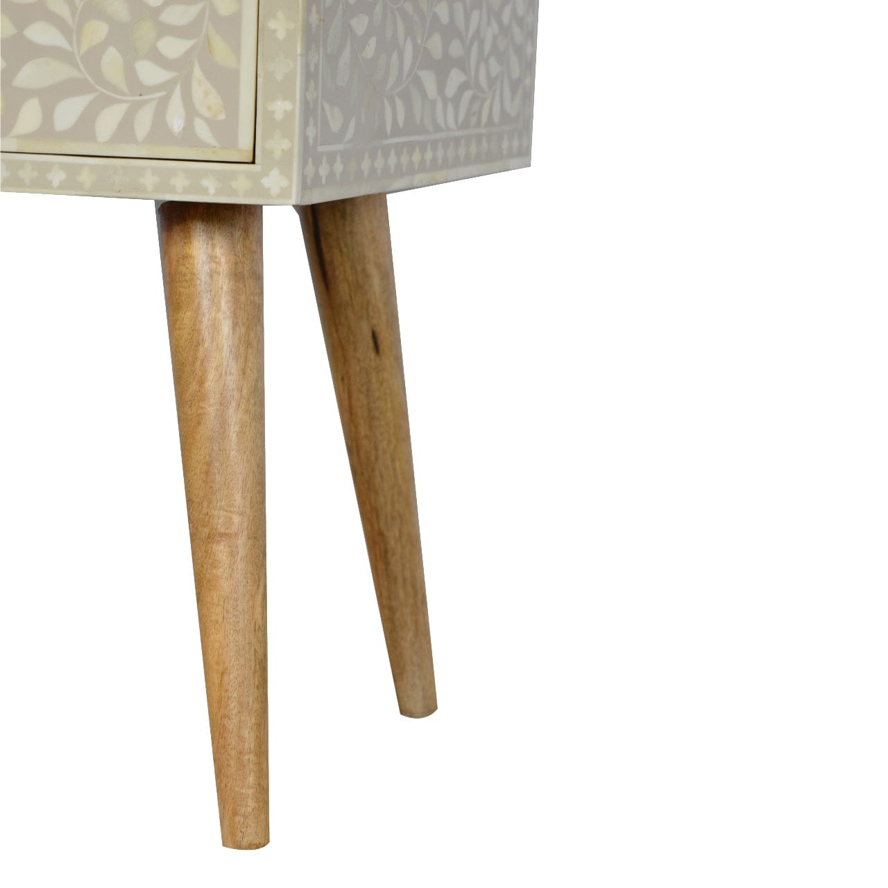 Floral Bone Inlay Nightstand - Solid Mango Wood Bedside Table for Bedroom - product view 6 showing handcrafted solid...