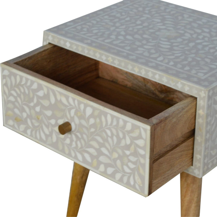 Floral Bone Inlay Nightstand - Solid Mango Wood Bedside Table for Bedroom - product view 5 showing handcrafted solid...